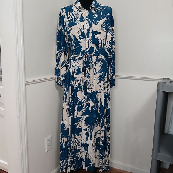 ZARA Women's Printed Shirt Dress With Pockets and Belt Tie Blue /White Sz XL New - Picture 4 of 13